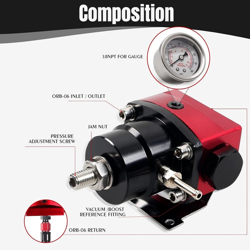 YESHMA EFI Fuel Pressure Regulator Kit 0-100psi with Gauge 6AN Fuel Line Fitting Universal Adjustable Aluminum (Black+Red) - Image 2